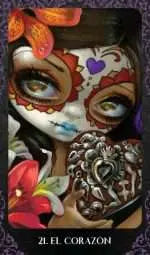 21. El Corazon. Young girl with large eyes surrounded by orchids . Face painted for day of the dead, Holding a large heart shaped box 