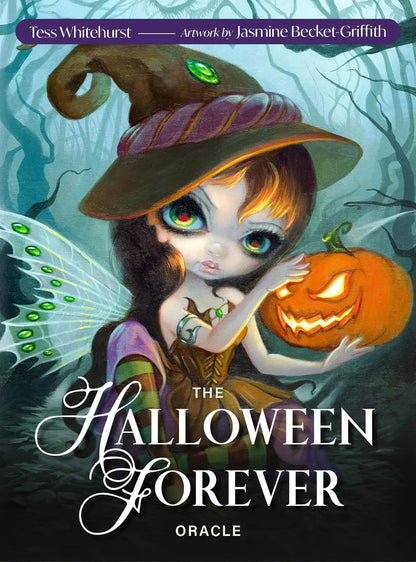 Halloween forever oracle cards by Tess Whitehurst and Jasmine Becket - Griffith . Young witch holding a pumpkin. Box cover artwork 