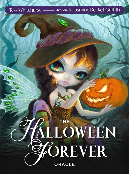 Halloween forever oracle cards by Tess Whitehurst and Jasmine Becket - Griffith . Young witch holding a pumpkin. Box cover artwork 