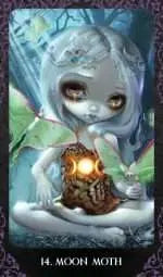Moon Moth oracle card halloween forever. Young ethereal girl sat in the lotus position holding a moth with a triple moon lighted 
