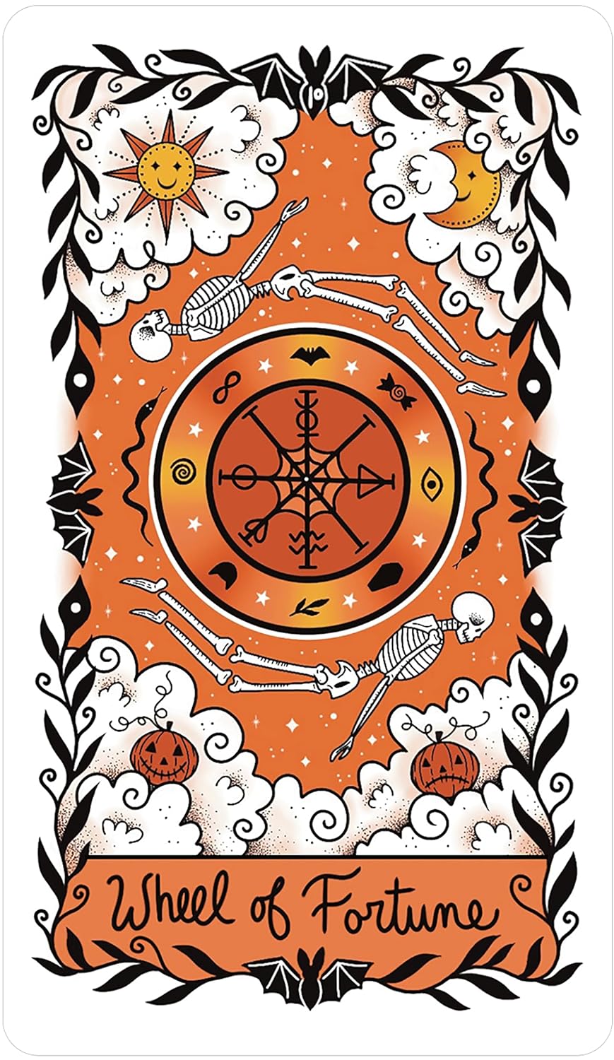 Classic RWS wheel of fortune tarot card. The humans are replaced by skeletons 