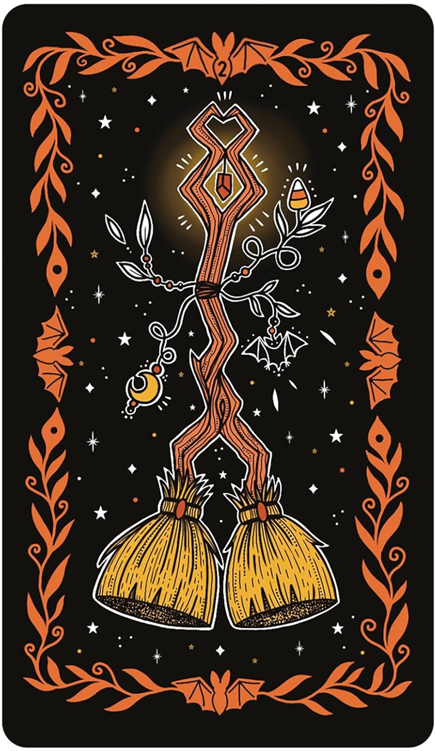Black and orange background. Shows two dancing broomsticks adorned with crystals and bats 