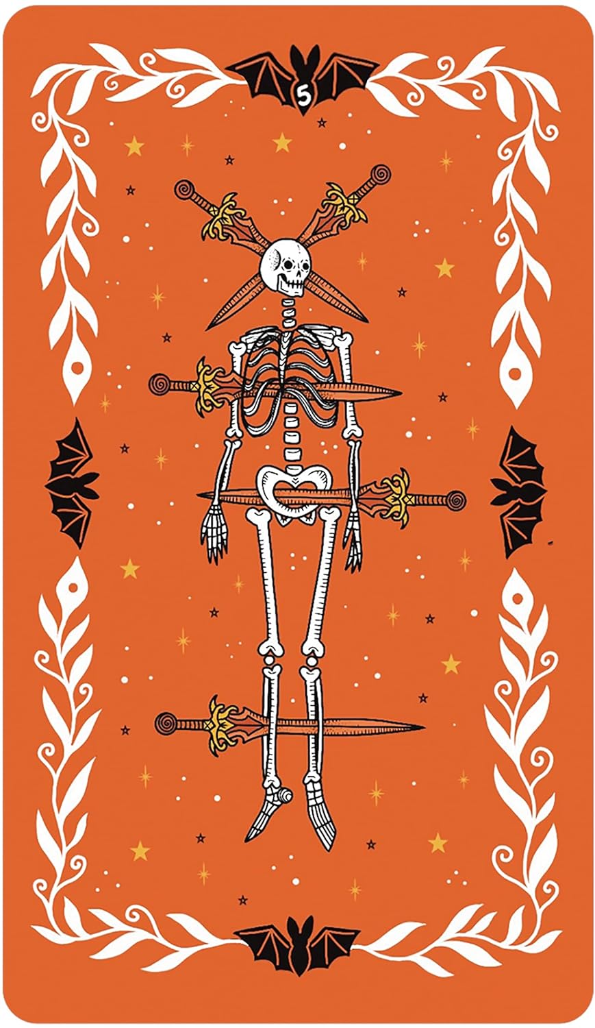 5 of swords tarot card . Orange background. White and black ornate border. with bats at the entre of each frame. Represented with a skeleton with 5 swards running through the bones