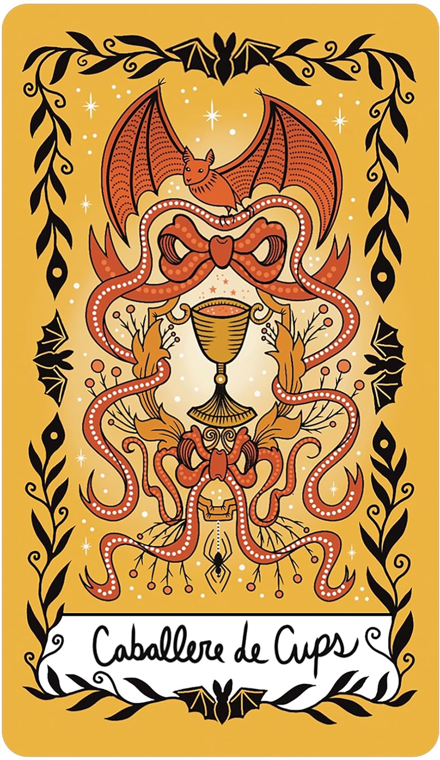 Orange back ground. A bat represents the knight of cups With ornate Marseille style pips 