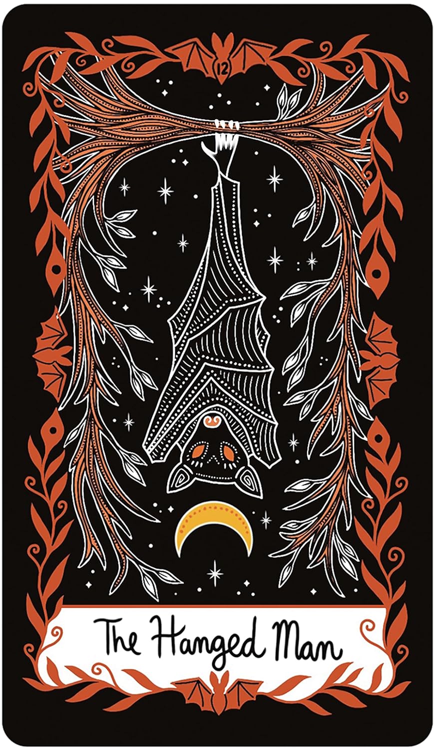 Black and orange background  Shows a bat hanging upside down with a crescent moon beneath him 