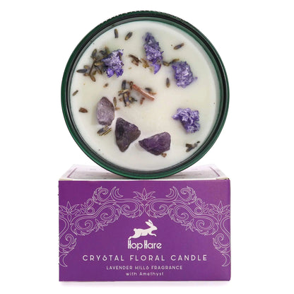 Hop Hare Moon crystal candle with amethyst gemstone and lavender flowers.