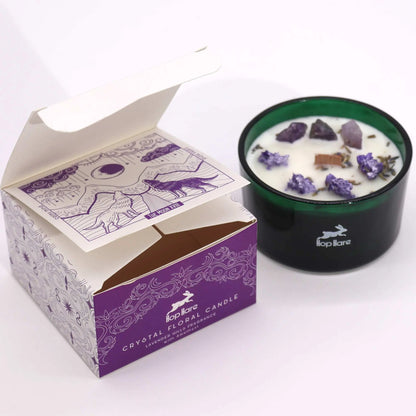 Hop Hare Moon crystal candle with amethyst gemstone and lavender flowers.