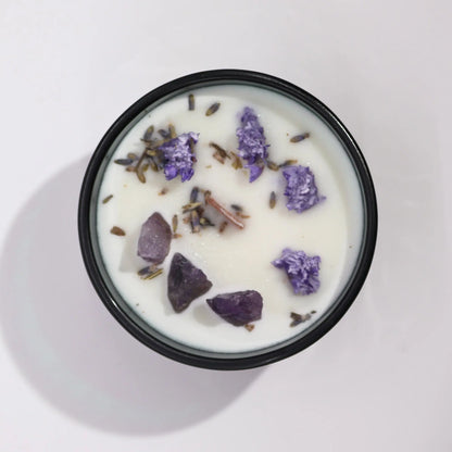 Hop Hare Moon crystal candle with amethyst gemstone and lavender flowers.