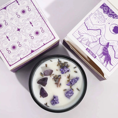 Hop Hare Moon crystal candle with amethyst gemstone and lavender flowers.
