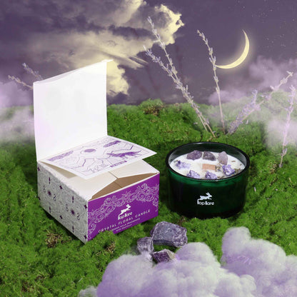 Hop Hare Moon crystal candle with amethyst gemstone and lavender flowers.