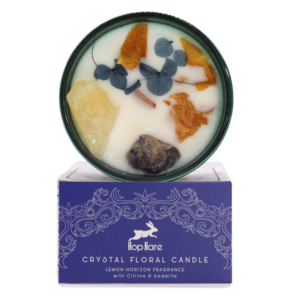 Hop Hare Sun crystal candle with citrine, sodalite gemstones and dried flowers.