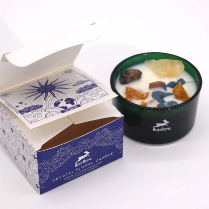 Hop Hare Sun crystal candle with citrine, sodalite gemstones and dried flowers.