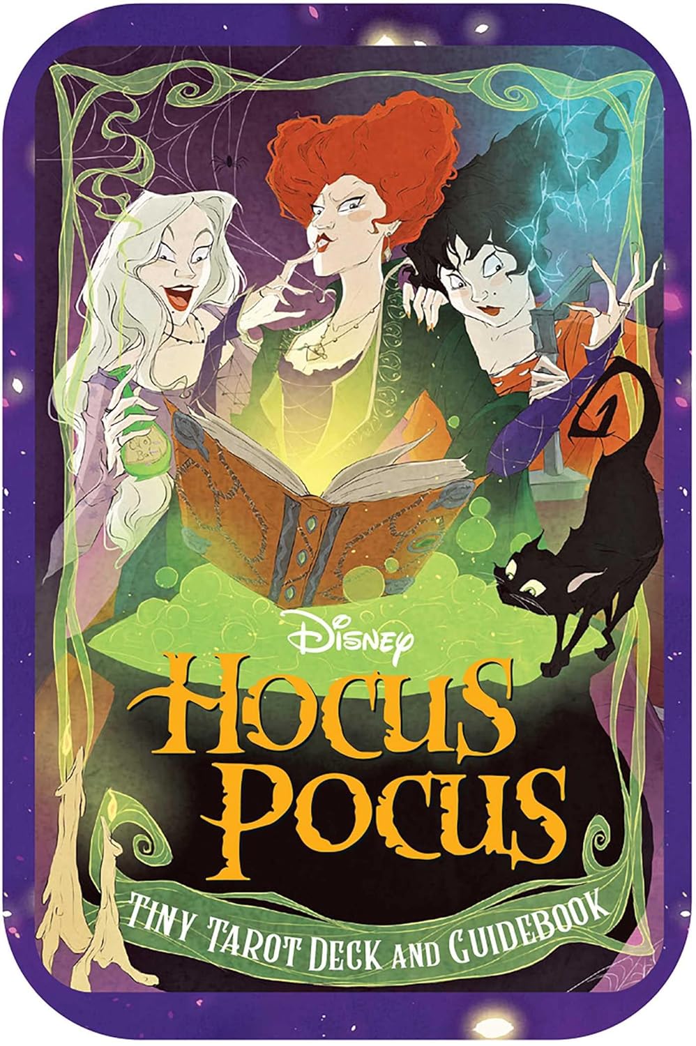 Disney Hocus Pocus tin with three witches and a cat on a purple background