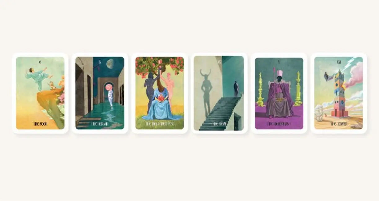 Tarot cards, the fool, The hermit, The high priestess, The devil, The hierophant, The tower Oneness Emporium
