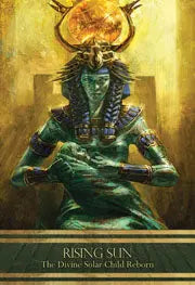 Depicting a blue Isis holding a baby with a fiery sun above her head. Oracle card is named Rising sun 