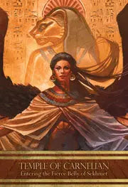 Isis is depicted in a temple with  baset behind her. Wings spread wide and arms in a welcoming comfortable stance 