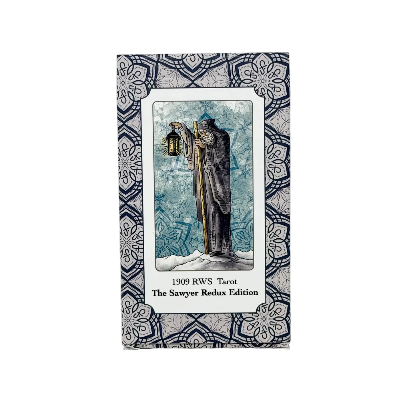 Box for 1909 RWS Tarot featuring a tarot card design with ornate border. Jamie Sawyer 