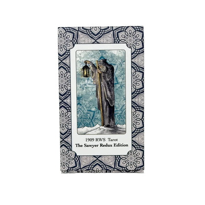 Box for 1909 RWS Tarot featuring a tarot card design with ornate border. Jamie Sawyer 