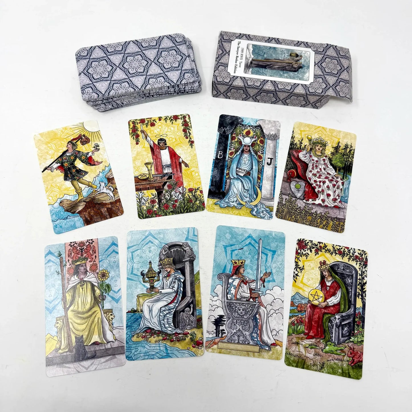 Set of tarot cards with colorful illustrations on a white background. Jamie Sawyer 1909