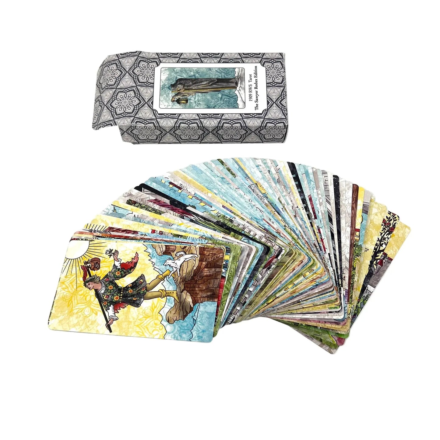 Set of tarot cards with a card holder on a white background Jamie Sawyer 1909 redux