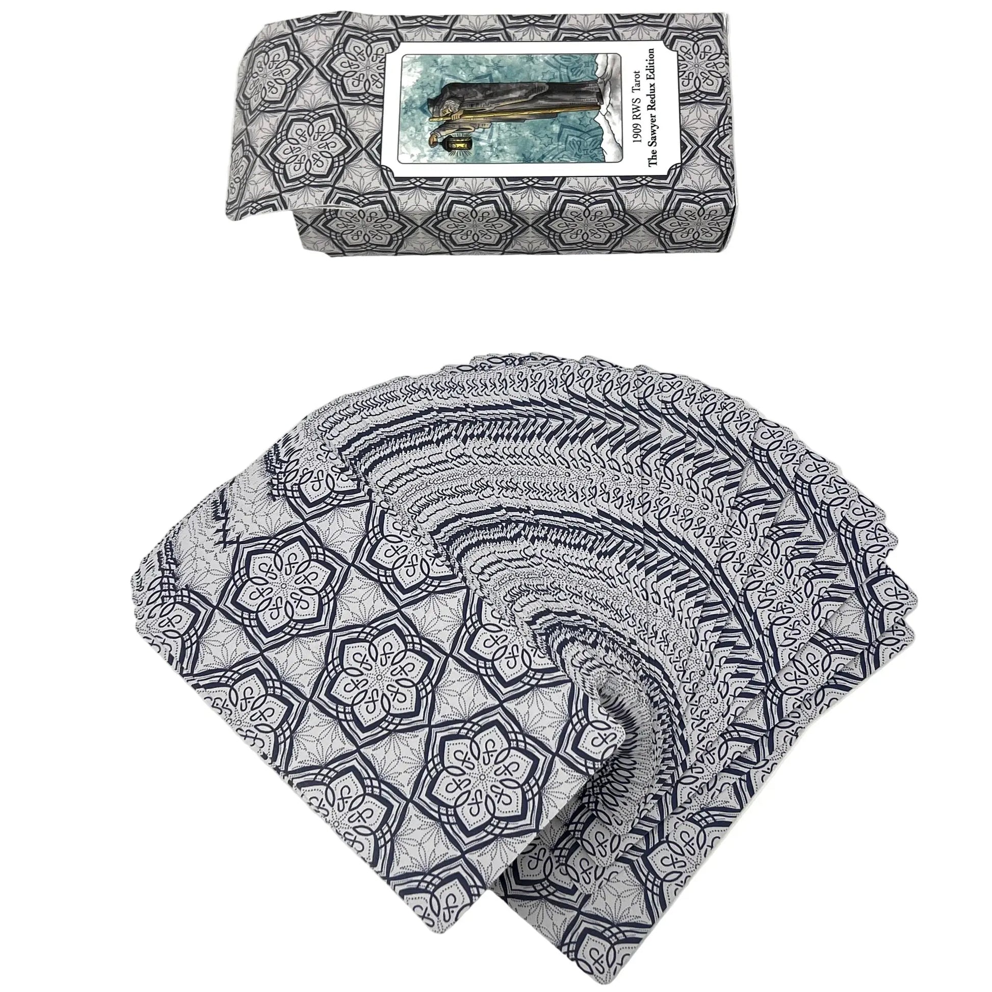 Gray patterned fabric with a box containing a smaller piece of fabric and a card on a white background Jamie Sayer 1909 redux
