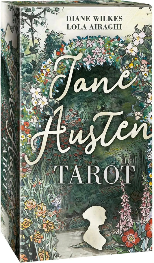 Jane Austen Tarot card set packaging with floral design and silhouette - Oneness Emporium