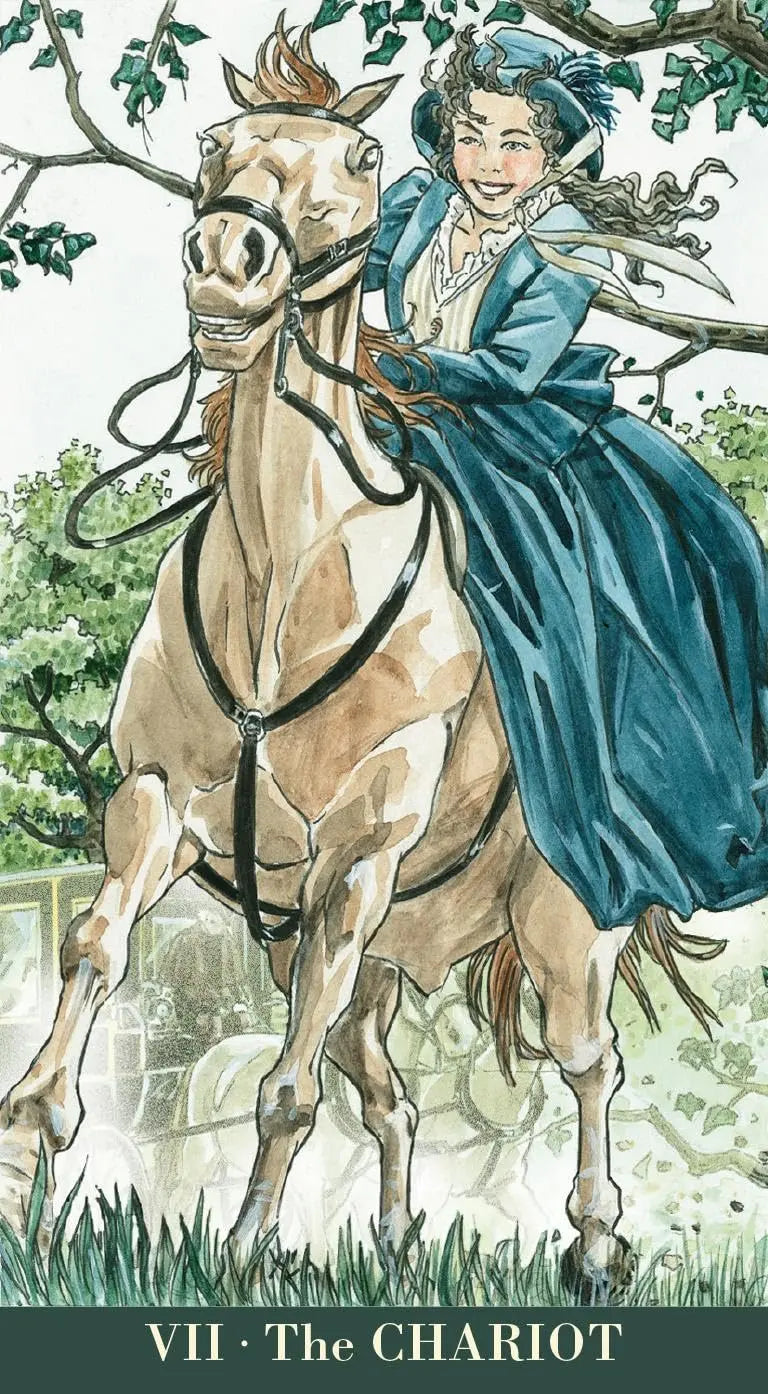 Illustration of a woman riding a horse with a scenic background - Jane Austen Tarot Oneness Emporium