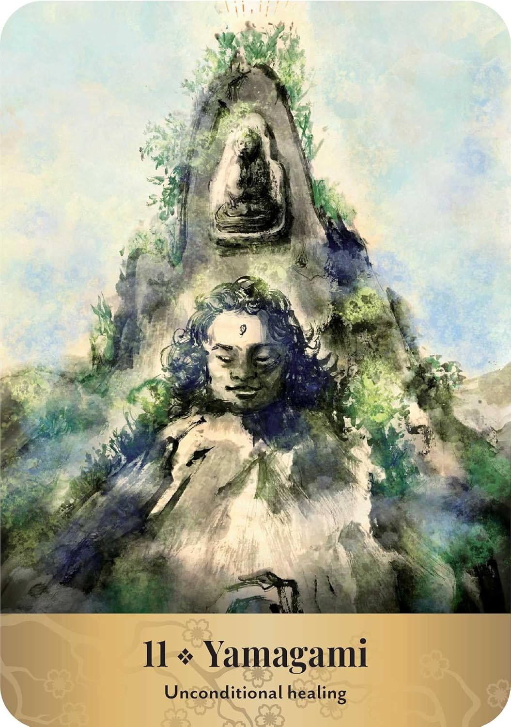 Artistic depiction of a woman embracing a stone statue with nature elements, titled 'Yamagami' for unconditional healing.