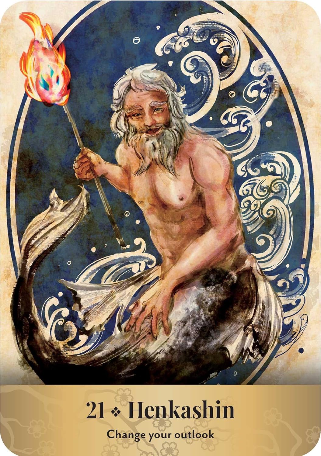 Mer人均神像，手持火炬，背景有装饰性图案。