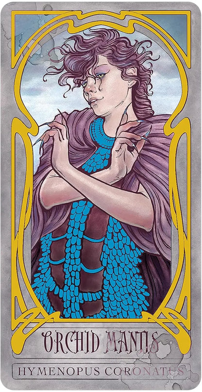 Illustration of a person with purple hair and a blue garment on a decorative  card. Lady Stirling Wicked garden oracle cards Oneness Emporium