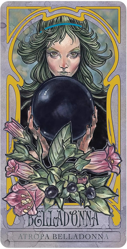 Tarot card featuring a woman with green hair holding a black sphere, surrounded by flowers and leaves. Lady sterling wicked garden Oneness Emporium