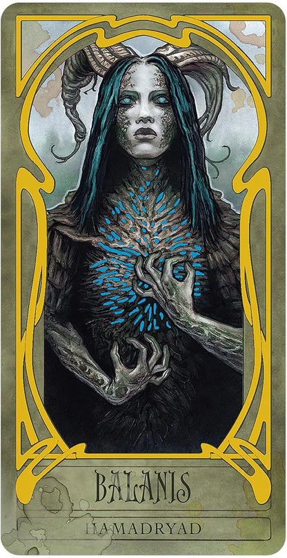 Artistic depiction of a figure with blue markings and a gold border, featuring the name 'Balamis' at the bottom. Oneness Emporium Lady Stirling Wicked garden
