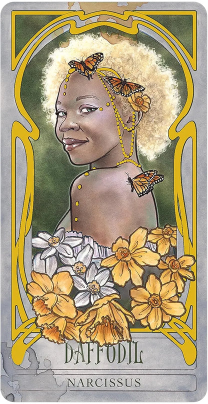 Card featuring a person with butterflies and flowers, labeled 'Daffodil' and 'Narcissus'. Oneness Emporium Lady Stirling Wicked garden