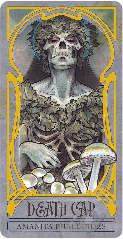 Card featuring a skeleton with a skull and leaves, surrounded by mushrooms, on a gray background. Lady Stirling Wicked Garden Oneness emporium