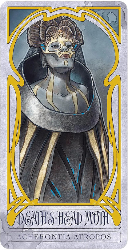 Card featuring a stylized illustration of Acherontia Atropos with a decorative border. Lady Stirling wicked garden Oneness emporium