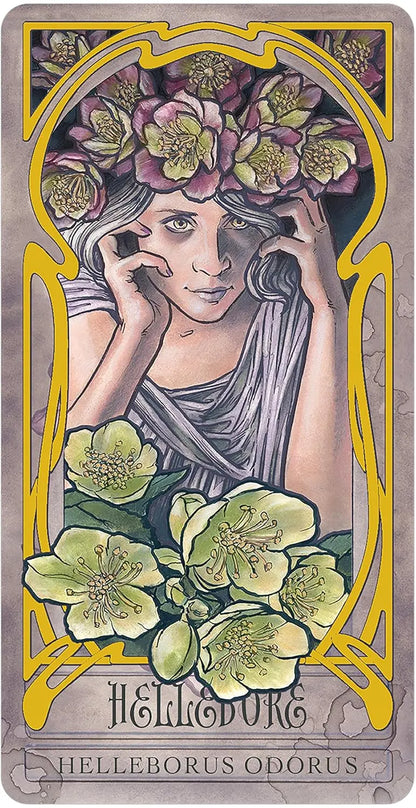 Artistic depiction of a woman with flowers in her hair and around her, with decorative border and text. Lady Stirling wicked garden Oneness emporium