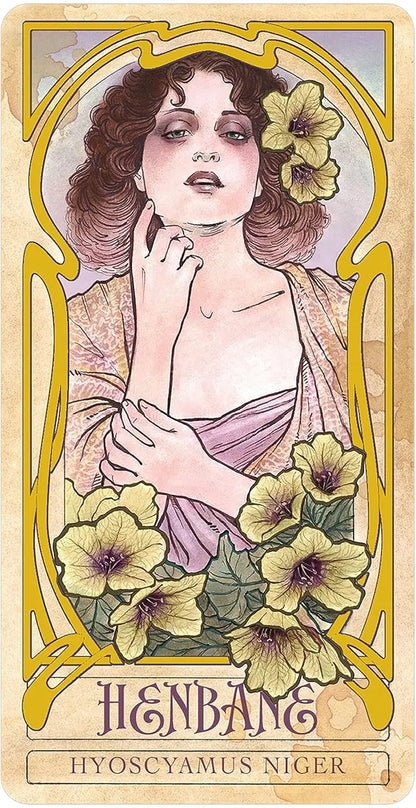 Vintage-style card featuring a woman with flowers and the word 'HENBANE' at the bottom. Lady Stilring wicked garden oracle cards Oneness Emporium