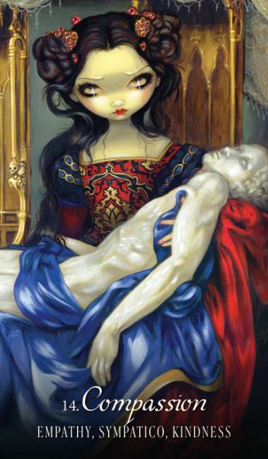 Artistic depiction of a woman holding a lifeless body with 'Compassion' text below. Les Vampires Oracle redesigned edition gothic oracle deck by Lucy Cavendish with artwork by Jasmine Becket-Griffith.