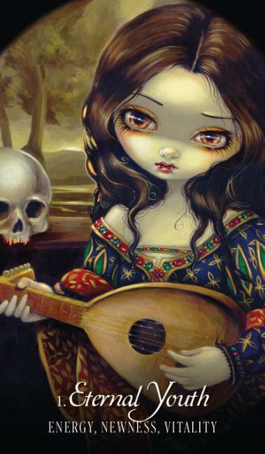 Artistic depiction of a woman with long brown hair holding a lute, with a skull and landscape in the background. Les Vampires Oracle redesigned edition gothic oracle deck by Lucy Cavendish with artwork by Jasmine Becket-Griffith.