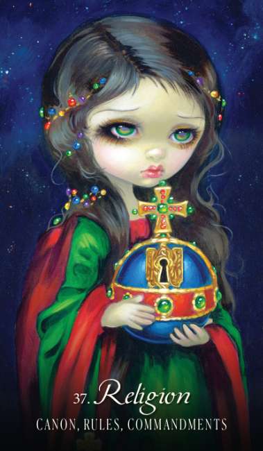 Illustration of a girl holding a decorated orb with 'Religion' text on a dark background Les Vampires Oracle redesigned edition gothic oracle deck by Lucy Cavendish with artwork by Jasmine Becket-Griffith.