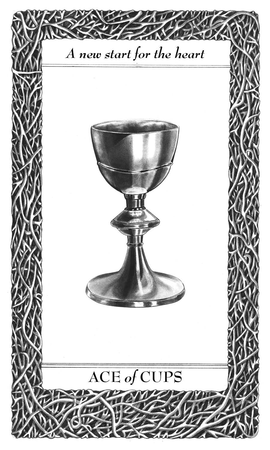 Ace of Cups tarot card with a silver chalice and decorative border
