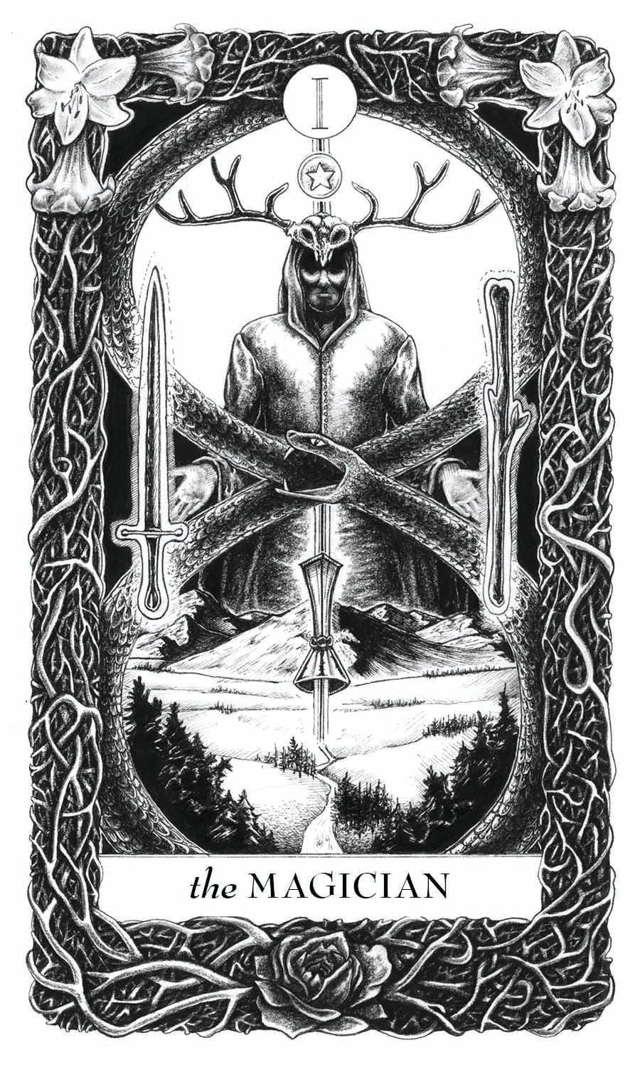 Illustration of 'The Magician' tarot card with a central figure and symbolic elements.