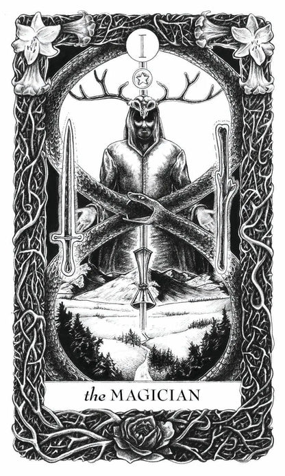 Illustration of 'The Magician' tarot card with a central figure and symbolic elements.