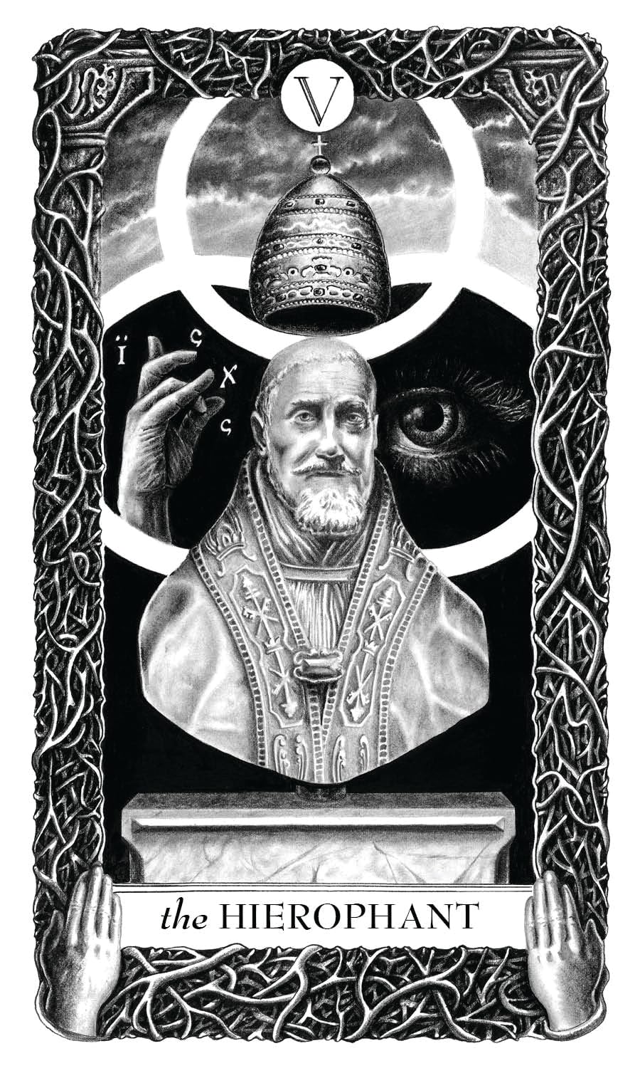 Card titled 'The Hierophant' featuring a bust of a religious figure with ornate details.
