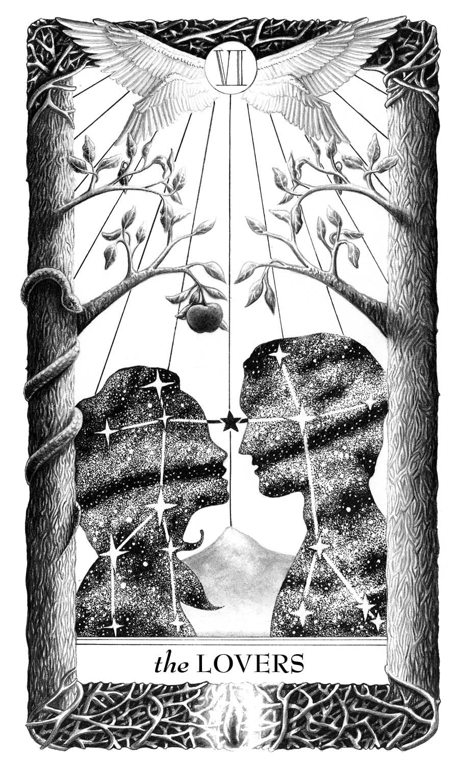 Black and white illustration of 'The Lovers' tarot card with two silhouetted figures and a tree.