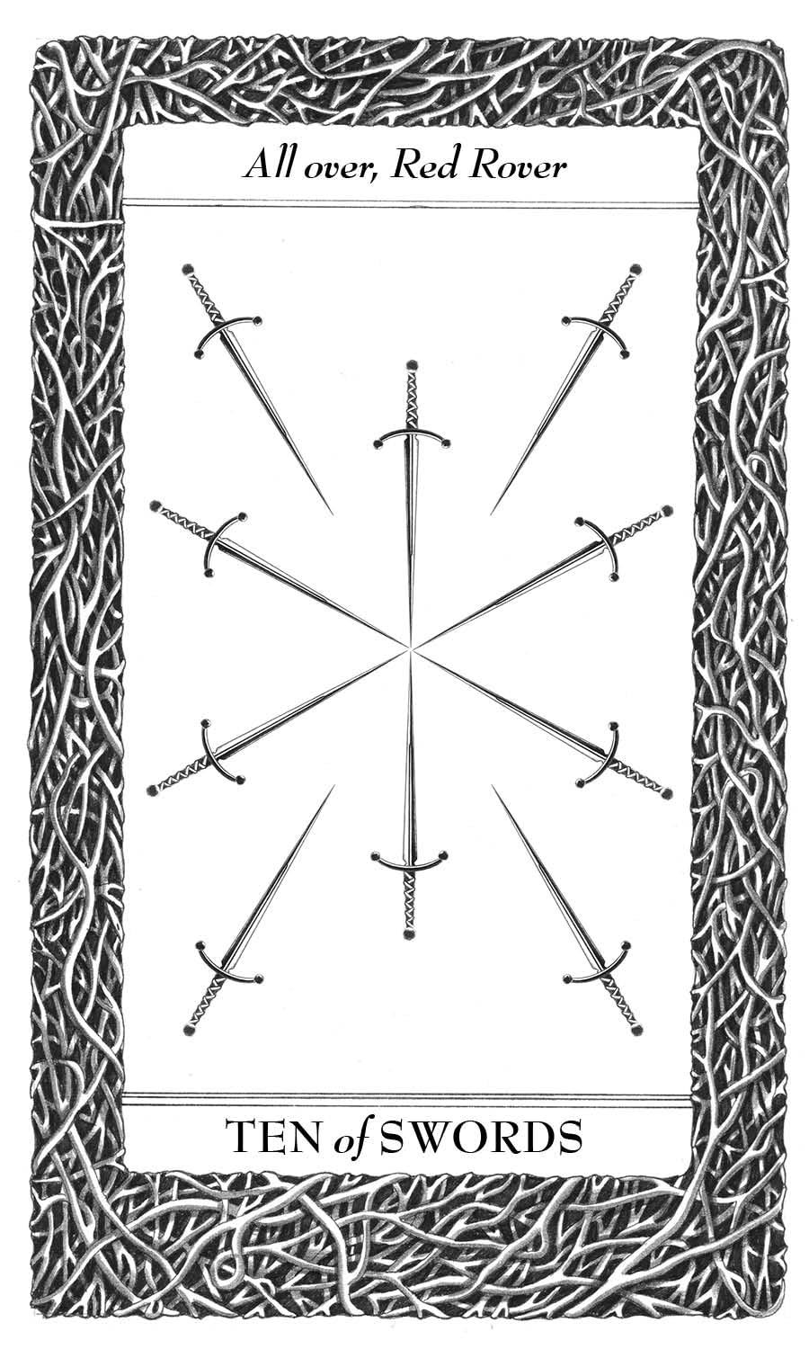 Card featuring 'Ten of Swords' with black swords on a white background, framed by intricate black patterns.