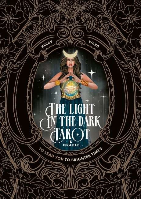 Book cover of 'The Light in the Dark Tarot & Oracle' with a woman holding a heart symbol.