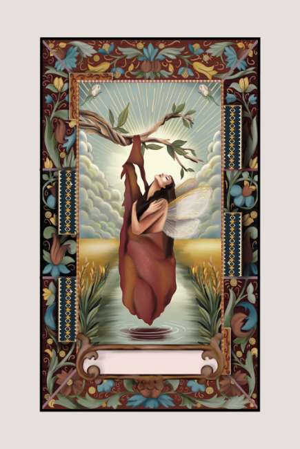 Artistic depiction of a woman reaching towards a branch with decorative border Hanged man tarot card