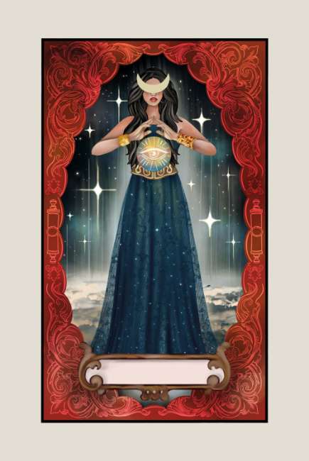 Decorative card with a woman in a blue dress and red frame High Priestess Tarot card
