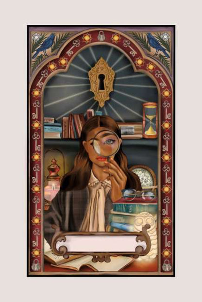 Artistic depiction of a woman with a magnifying glass in a decorative frame.